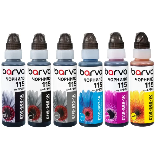 Комплект чернил совместимых для Epson 115 специальные 6x100 мл, флакон OneKey (1K), пигментные/водорастворимые, BK/PB/C/M/Y/GY Barva (E115-1K-MP)