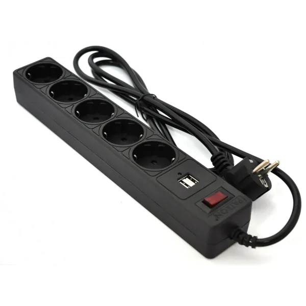 Фильтр сетевой 5 розеток + 2 x USB 2.0 2.1A, 1,8 м, черный Patron (SP-52-USB)