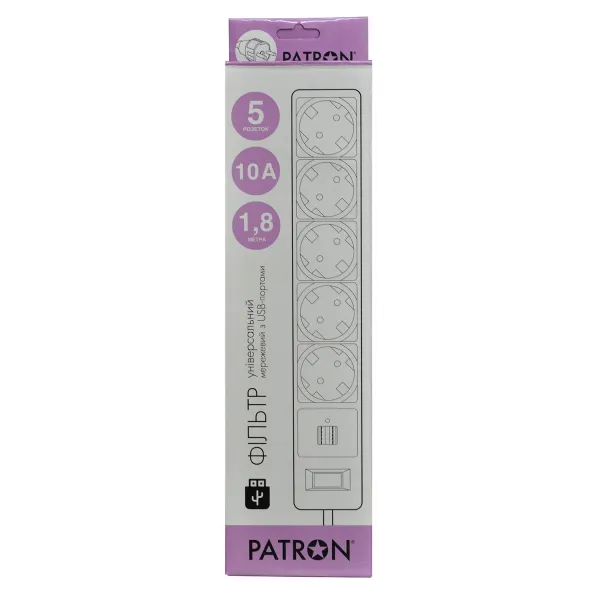 Фильтр сетевой 5 розеток + 2 x USB 2.0 2.1A, 1,8 м, черный Patron (SP-52-USB) - Фото 2