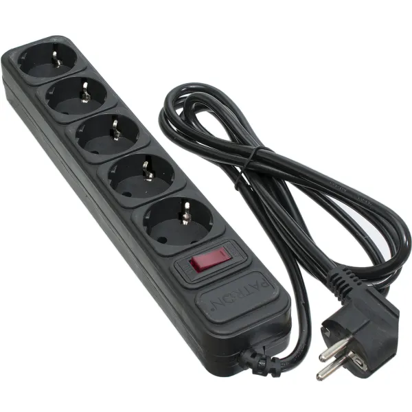 Фильтр сетевой 5 розеток, 1,8 м , черный, 3*1мм2 Patron (SP-1052)