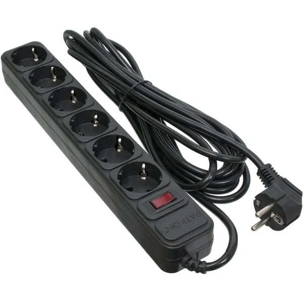 Фильтр сетевой 6 розеток, 5 м, черный, 3*1мм2 Patron (SP-1065)