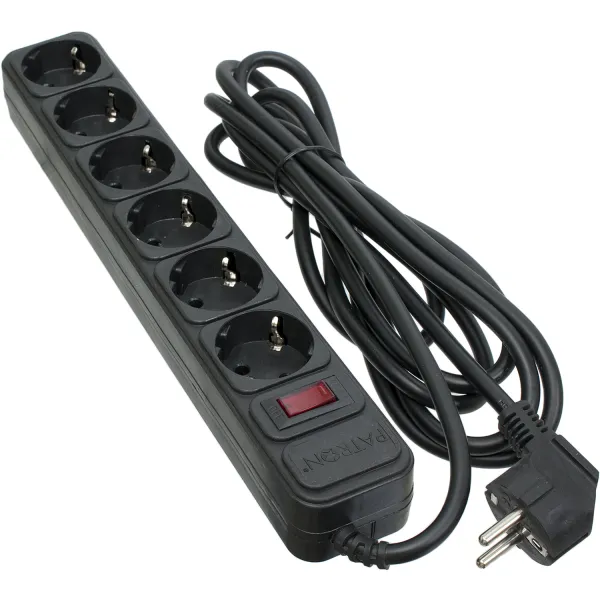 Фильтр сетевой 6 розеток 3 м, черный, 3*1,5 мм2 Patron (SP-1663)