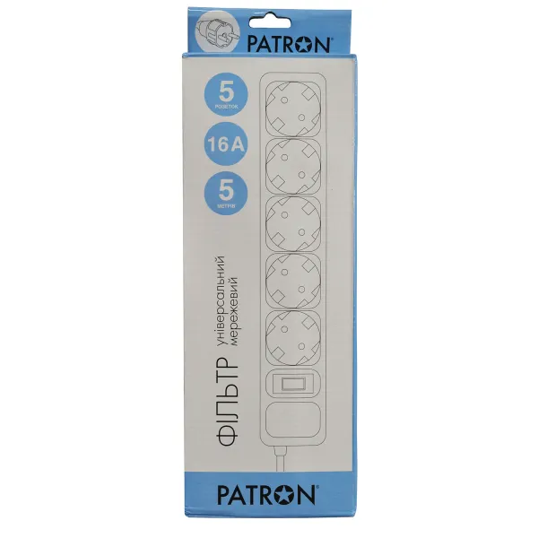 Фильтр сетевой 5 розеток, 5 м, черный, 3*1,5мм2 Patron (SP-1655) - Фото 3