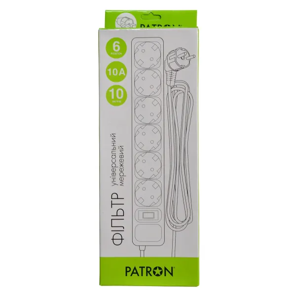Фильтр сетевой 6 розеток, 10 м, черный, 3*1мм2 Patron (SP-10610) - Фото 2