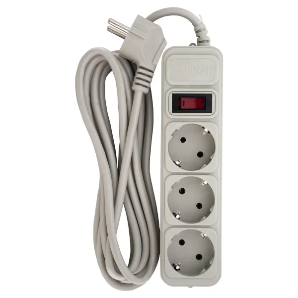 Фильтр сетевой 3 розетки, 3 м, 10 А, 250 В, 3*1мм2, серый Patron (SP-1033-GR)