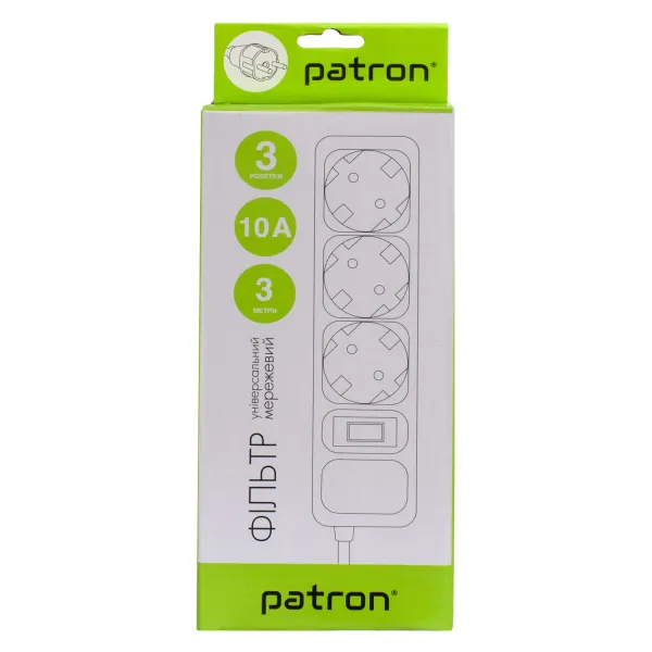 Фільтр мережевий 3 розетки, 3 м, 10 А, 250 В, 3*1мм2, сірий Patron (SP-1033-GR) - Фото 3