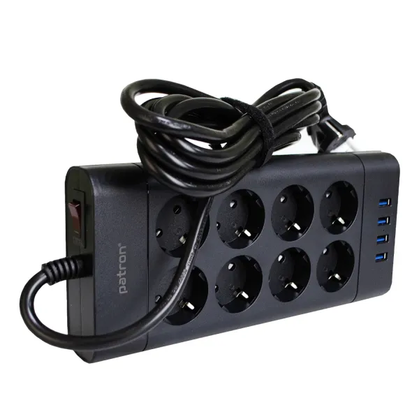 Фильтр сетевой 8 розеток + 4 х USB, 3 м, 16 А, 250 В, черный Patron Power (SP-1683-USB) - Фото 3