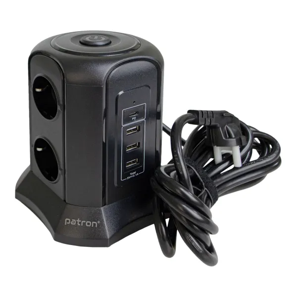 Фильтр сетевой 6 розеток + 3 х USB, 1 х USB-C, башня, 3 м, 16 А, 250 В, черный Patron Power (SP-1663-USBT) - Фото 2