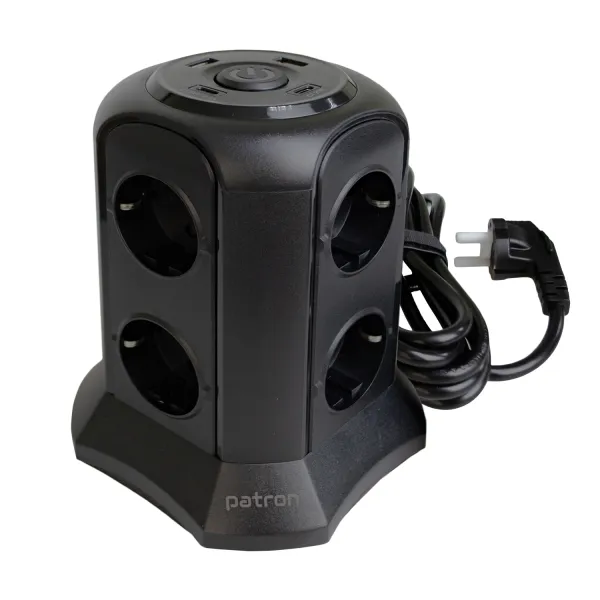 Фильтр сетевой 8 розеток + 2 х USB, 2 x USB-C, башня, 3 м, 16 А, 250 В, черный Patron Power (SP-1683-USBT) - Фото 3