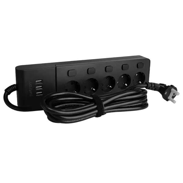 Фильтр сетевой 5 розеток + 3 х USB, 3 м, 16 А, 250 В, черный Patron Power (SP1653-USB) - Фото 2