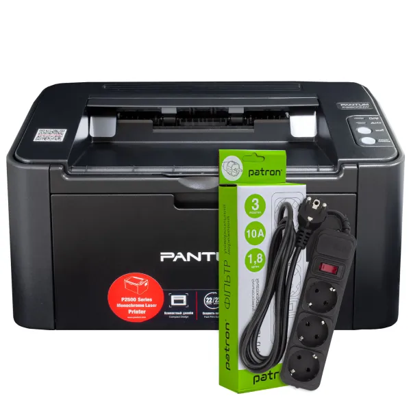 Принтер лазерный P2500NW A4, Wi-Fi Pantum (P2500NW) + Фильтр сетевой 3 розетки Patron (SP-1033)